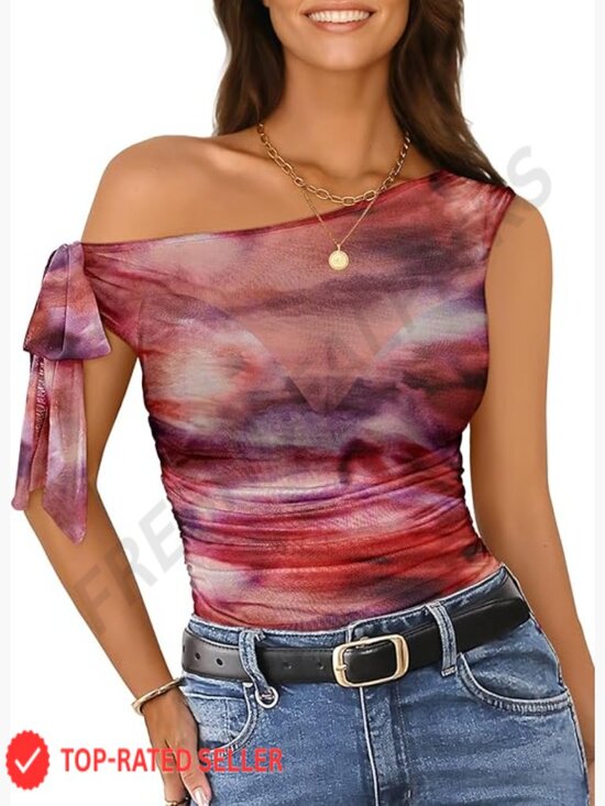 Tops - Mesh Sheer Off Shoulder Tops Asymmetric Self Tie Crop Blouse Going Out Tee